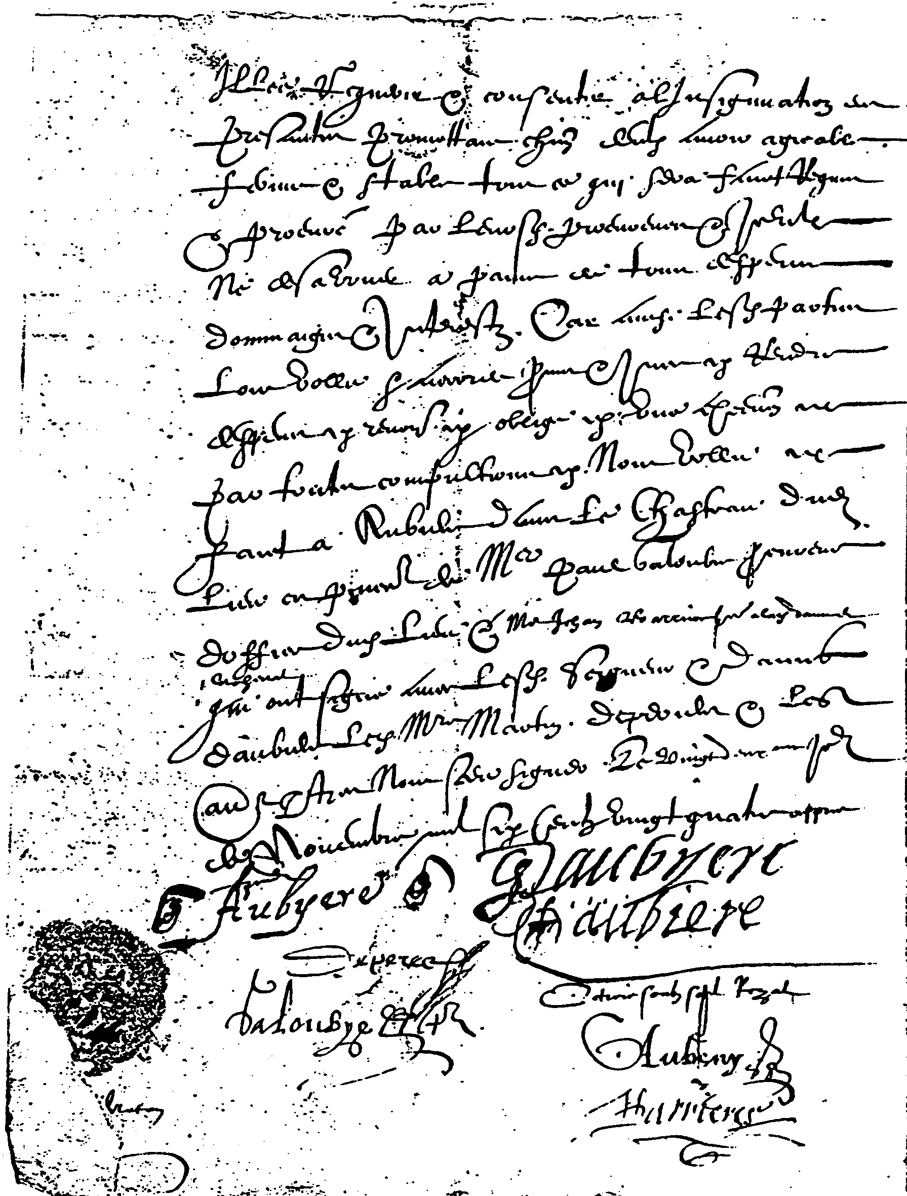 Dernière page du contrat de mariage entre Isabeau d'Aubière et Michel Depereir, avec les signatures des contractants